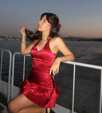 Elegant Burgundy V-neck Halter Satin A-line Birthday Short Skirt Homecoming Dress HZ1022