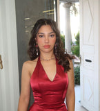 Elegant Burgundy V-neck Halter Satin A-line Birthday Short Skirt Homecoming Dress HZ1022