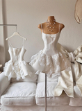 Sweet White Bow Satin Lace Ruffled 17th Birthday Homecoming Dress HZ1022