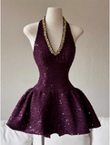Heavy Diamond Purple Sequined Halter Neck A-line 19th Birthday Homecoming Dress HZ1022
