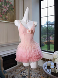 Cute Gradient Pink Lace V-neck Princess Puffy Birthday Skirt Homecoming Dress HZ1022