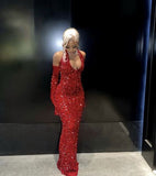 Simple Mermaid Red Sequin Prom Dresses 22th Birthday Outfit HZ1022
