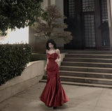 Stunning Mermaid Spaghetti Straps Long Wine Red Prom Dress Birthday Outfits HZ1022