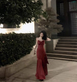 Stunning Mermaid Spaghetti Straps Long Wine Red Prom Dress Birthday Outfits HZ1022