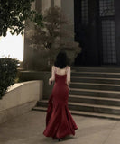 Stunning Mermaid Spaghetti Straps Long Wine Red Prom Dress Birthday Outfits HZ1022