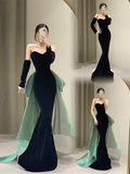 Sexy Mermaid Long Black Velvet Prom Dresses With Sleeves Long Prom Gown HZ1022