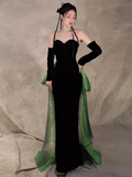 Sexy Mermaid Long Black Velvet Prom Dresses With Sleeves Long Prom Gown HZ1022