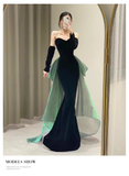 Sexy Mermaid Long Black Velvet Prom Dresses With Sleeves Long Prom Gown HZ1022