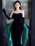 Sexy Mermaid Long Black Velvet Prom Dresses With Sleeves Long Prom Gown HZ1022