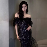 Sexy Mermaid Long Black Sequin Prom Dresses With Cap Sleeves Long Prom Dress HZ1022