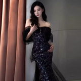 Sexy Mermaid Long Black Sequin Prom Dresses With Cap Sleeves Long Prom Dress HZ1022