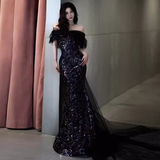 Sexy Mermaid Long Black Sequin Prom Dresses With Cap Sleeves Long Prom Dress HZ1022