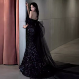 Sexy Mermaid Long Black Sequin Prom Dresses With Cap Sleeves Long Prom Dress HZ1022
