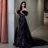 Sexy Mermaid Long Black Sequin Prom Dresses With Cap Sleeves Long Prom Dress HZ1022