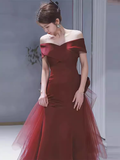 Mermaid Off Shoulder Evening Dress with Bow Burgundy Prom Dress HZ1022