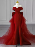 Sexy Mermaid Long Red Satin Prom Dresses With Bowknot Long Prom Dress HZ1022
