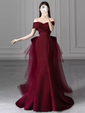 Mermaid Off Shoulder Evening Dress with Bow Burgundy Prom Dress HZ1022