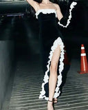 Vintage Sheath Strapless Sleeveless Black Slit Prom Dresses With Gloves HZ1022