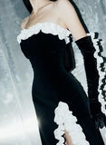 Vintage Sheath Strapless Sleeveless Black Slit Prom Dresses With Gloves HZ1022