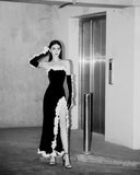 Vintage Sheath Strapless Sleeveless Black Slit Prom Dresses With Gloves HZ1022