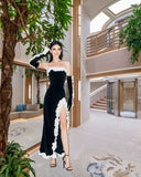 Vintage Sheath Strapless Sleeveless Black Slit Prom Dresses With Gloves HZ1022