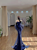 Unique Mermaid Navy Blue Velvet Long Prom Dress HZ1022
