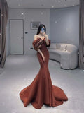 Unique Mermaid Off The Shoulder Brown Long Prom Dress HZ1022