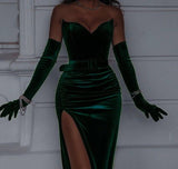 Unique Mermaid Sweetheart Dark Green Long Prom Dress With Gloves HZ1022
