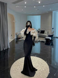 Unique Mermaid Sweetheart Black Long Prom Dress With Sleeves HZ1022