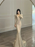 Unique Mermaid V neckline Sequin Champagne Long Prom Dress With Sleeves HZ1022
