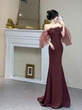 Unique Mermaid Off The Shoulder Tulle Long Burgundy Prom Dress With Sleeves HZ1022