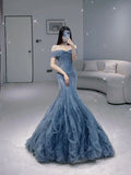 Unique Mermaid Off The Shoulder Tulle Long Gray Blue Prom Dress HZ1022