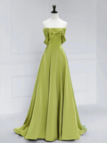 A-Line Off Shoulder Satin Green Long Prom Dress HZ1022
