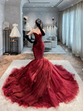 Red Prom Dresses Mermaid Sweetheart Tulle Long Prom Dress HZ1022
