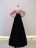 Black/pink velvet long prom dress long formal HZ1022
