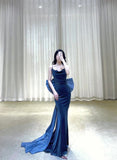 Modest Mermaid Velvet Navy Blue Long Prom Dress With Bow HZ1022