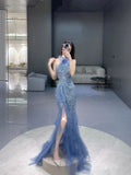 Modest Mermaid Sequin Blue Long Prom Dress With Slit HZ1022