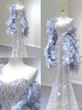 Modest Mermaid Sequin Silver Long Prom Dress HZ1022