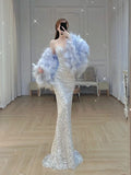 Modest Mermaid Sequin Silver Long Prom Dress HZ1022