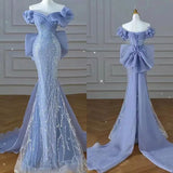 Sparkly Blue Prom Dresses With Bow Sequins Off The Shoulder Prom Dress HZ1022