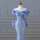 Sparkly Blue Prom Dresses With Bow Sequins Off The Shoulder Prom Dress HZ1022