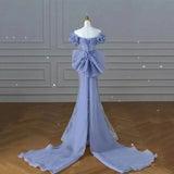 Sparkly Blue Prom Dresses With Bow Sequins Off The Shoulder Prom Dress HZ1022