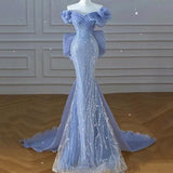 Sparkly Blue Prom Dresses With Bow Sequins Off The Shoulder Prom Dress HZ1022