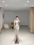 Modest Mermaid Strapless Sequin Long Slit Prom Dress HZ1022