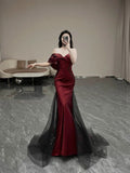 Modest Mermaid Strapless Satin Long Burgundy Prom Dress HZ1022