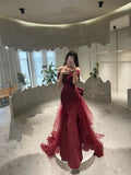Mermaid Off Shoulder Evening Dress with Bow Burgundy Prom Dress HZ1022