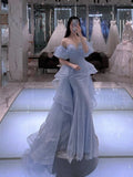 Mermaid Off The Shoulder Light Sky Blue Sequin Prom Dress HZ1022