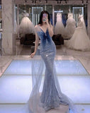 Mermaid V Neckline Blue Sequin Long Prom Dress HZ1022