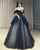 Gothic Glitter Blue Princess Tulle Prom Dress Blue Long Evening Dress HZ1022