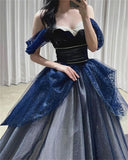 Gothic Glitter Blue Princess Tulle Prom Dress Blue Long Evening Dress HZ1022